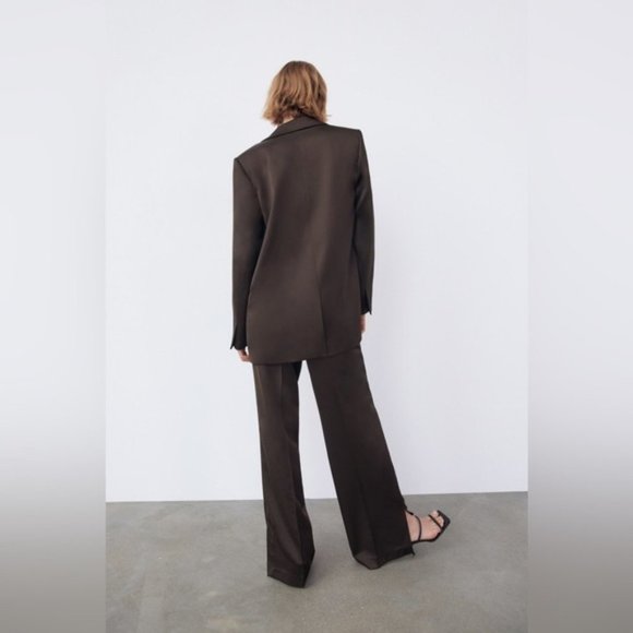 𝅺zara 2 Piece SUIT - BLAZER AND FULL LENGTH SATIN EFFECT PANTS BROWN - Picture 3 of 16